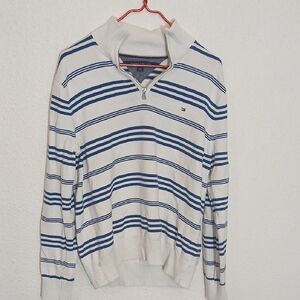 Make Offer Tommy Hilfiger Zip Up White and Blue Striped Sweater